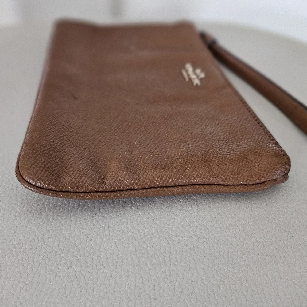 Coach Brown Saffiano Leather Wristlet Zip Pouch Gold Logo Strap.